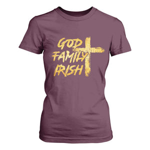God Family Irish T Shirt For Women Christian Faith Cross Notre Dame Game Day TS10 Maroon Print Your Wear