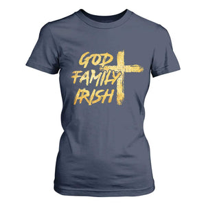 God Family Irish T Shirt For Women Christian Faith Cross Notre Dame Game Day TS10 Navy Print Your Wear