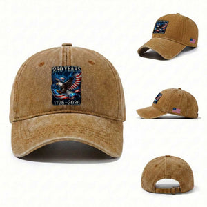 250 Years America Washed Cotton Baseball Cap Eagle and Flag 250th Anniversary USA Patriotic 1776 2026 TS10 Washed Cap Universal Fit Yellow Ochre Print Your Wear