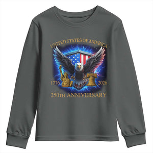 250 Years America Flag Youth Sweatshirt Eagle 250th Anniversary USA Patriotic 1776 2026 TS10 Dark Heather Print Your Wear