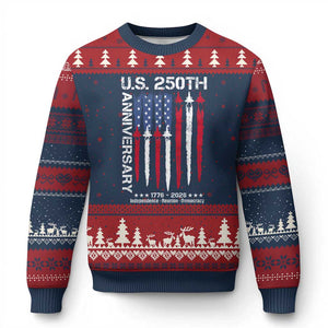 250th American Anniversary Ugly Christmas Sweater 250 Years America USA Flag Fighter Jets Patriotic Veterans TS10 Navy Red Print Your Wear