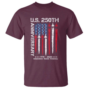 250th American Anniversary T Shirt 250 Years America USA Flag Fighter Jets Patriotic Veterans TS10 Maroon Print Your Wear