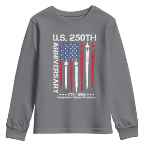 250th American Anniversary Youth Sweatshirt 250 Years America USA Flag Fighter Jets Patriotic Veterans TS10 Charcoal Print Your Wear