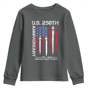 250th American Anniversary Youth Sweatshirt 250 Years America USA Flag Fighter Jets Patriotic Veterans TS10 Dark Heather Print Your Wear