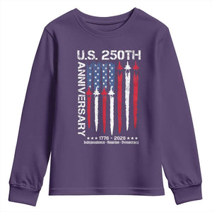 250th American Anniversary Youth Sweatshirt 250 Years America USA Flag Fighter Jets Patriotic Veterans TS10 Purple Print Your Wear