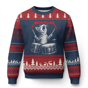 Rock On Vintage Drummer Cat Ugly Christmas Sweater Vintage 90s 80s Band Style Gift for Cat Owners TS10 Navy Red Print Your Wear