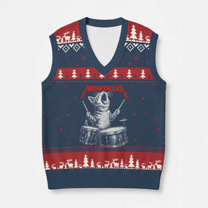 Rock On Vintage Drummer Cat V-Neck Knit Sweater Vest Vintage 90s 80s Band Style Gift for Cat Owners TS10 Navy Red Print Your Wear