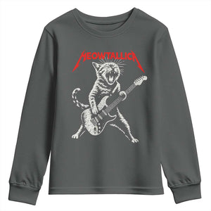 Funny Cat Playing Guitar Youth Sweatshirt Vintage 90s Classic Rock Star Cat Graphic Rock and Roll TS10 Dark Heather Print Your Wear