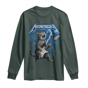 Funny Cat Playing Guitar Long Sleeve Shirt Vintage 90s Style Bootleg Graphic Rock Star Rock Cat TS10 Dark Forest Green Print Your Wear