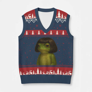 Funny Frog Bob Haircut Meme V-Neck Knit Sweater Vest Silly Toad Trends TS10 Navy Red Print Your Wear