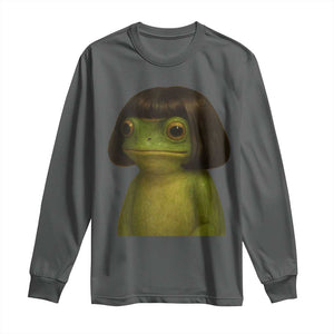 Funny Frog Bob Haircut Meme Long Sleeve Shirt Silly Toad Trends TS10 Dark Heather Print Your Wear
