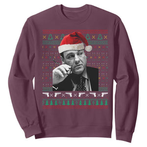 Funny Ugly Christmas Sweatshirt Funny Mafia Gangster Santa Sopranos Smoking TS10 Maroon Print Your Wear