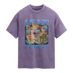 I Eat Cement Cursed Cat Washed Cotton T-Shirt Funny Cat Meme Ironic