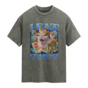 I Eat Cement Cursed Cat Washed Cotton T-Shirt Funny Cat Meme Ironic