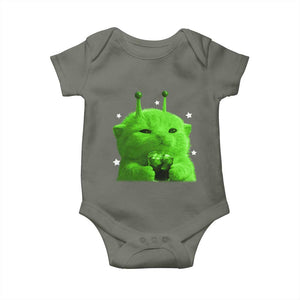 Funny Alien Cat Meme Baby Onesie Funny Kitten 90s Retro Vintage Graphic Weird Cats Y2k TS10 Military Green Print Your Wear