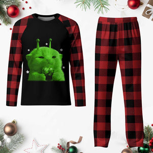 Funny Alien Cat Meme Plaid Pajama Set Funny Kitten 90s Retro Vintage Graphic Weird Cats Y2k TS10 Buffalo Plaid Print Your Wear