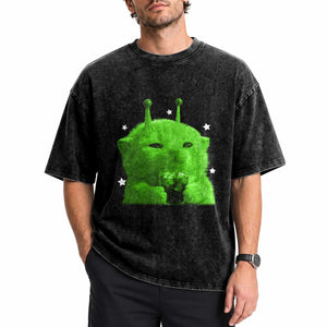 Funny Alien Cat Meme Washed Cotton T-Shirt Funny Kitten 90s Retro Vintage Graphic Weird Cats Y2k
