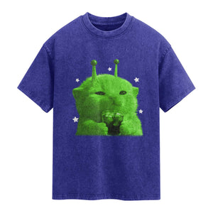 Funny Alien Cat Meme Washed Cotton T-Shirt Funny Kitten 90s Retro Vintage Graphic Weird Cats Y2k