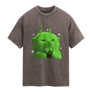 Funny Alien Cat Meme Washed Cotton T-Shirt Funny Kitten 90s Retro Vintage Graphic Weird Cats Y2k