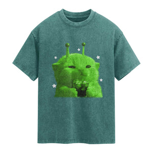 Funny Alien Cat Meme Washed Cotton T-Shirt Funny Kitten 90s Retro Vintage Graphic Weird Cats Y2k