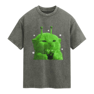 Funny Alien Cat Meme Washed Cotton T-Shirt Funny Kitten 90s Retro Vintage Graphic Weird Cats Y2k