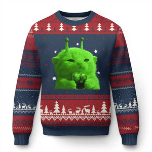 Funny Alien Cat Meme Ugly Christmas Sweater Funny Kitten 90s Retro Vintage Graphic Weird Cats Y2k TS10 Navy Red Print Your Wear