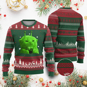Funny Alien Cat Meme Ugly Christmas Sweater Funny Kitten 90s Retro Vintage Graphic Weird Cats Y2k TS10 Red Green Print Your Wear