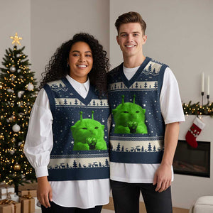 Funny Alien Cat Meme V-Neck Knit Sweater Vest Funny Kitten 90s Retro Vintage Graphic Weird Cats Y2k TS10 Navy Beige Print Your Wear