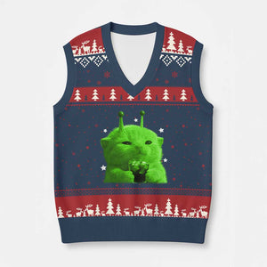 Funny Alien Cat Meme V-Neck Knit Sweater Vest Funny Kitten 90s Retro Vintage Graphic Weird Cats Y2k TS10 Navy Red Print Your Wear