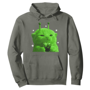 Funny Alien Cat Meme Hoodie Funny Kitten 90s Retro Vintage Graphic Weird Cats Y2k TS10 Military Green Print Your Wear