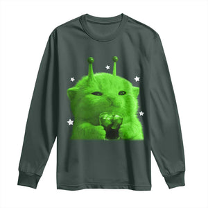 Funny Alien Cat Meme Long Sleeve Shirt Funny Kitten 90s Retro Vintage Graphic Weird Cats Y2k TS10 Dark Forest Green Print Your Wear