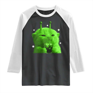 Funny Alien Cat Meme Raglan Shirt Funny Kitten 90s Retro Vintage Graphic Weird Cats Y2k TS10 Black White Print Your Wear