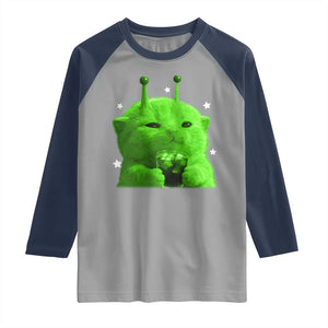 Funny Alien Cat Meme Raglan Shirt Funny Kitten 90s Retro Vintage Graphic Weird Cats Y2k TS10 Sport Gray Navy Print Your Wear