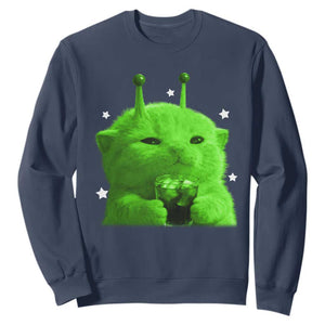 Funny Alien Cat Meme Sweatshirt Funny Kitten 90s Retro Vintage Graphic Weird Cats Y2k TS10 Navy Print Your Wear