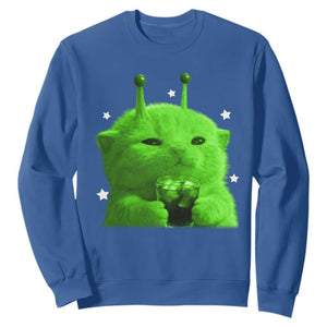 Funny Alien Cat Meme Sweatshirt Funny Kitten 90s Retro Vintage Graphic Weird Cats Y2k TS10 Royal Blue Print Your Wear