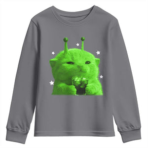 Funny Alien Cat Meme Youth Sweatshirt Funny Kitten 90s Retro Vintage Graphic Weird Cats Y2k TS10 Charcoal Print Your Wear