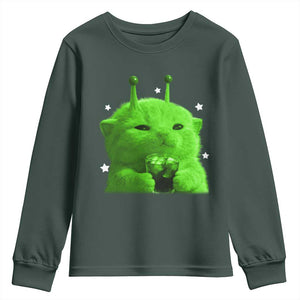 Funny Alien Cat Meme Youth Sweatshirt Funny Kitten 90s Retro Vintage Graphic Weird Cats Y2k TS10 Dark Forest Green Print Your Wear