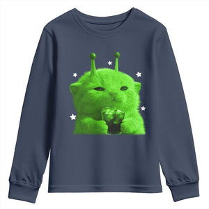 Funny Alien Cat Meme Youth Sweatshirt Funny Kitten 90s Retro Vintage Graphic Weird Cats Y2k TS10 Navy Print Your Wear