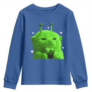 Funny Alien Cat Meme Youth Sweatshirt Funny Kitten 90s Retro Vintage Graphic Weird Cats Y2k TS10 Royal Blue Print Your Wear