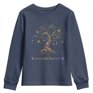 Coquette Bow Mardi Gras Bead Tree Youth Sweatshirt Carnival New Orleans 2025 TS10 Navy Print Your Wear