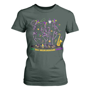 Funny Mardi Gras T Shirt For Women Dancing Skeleton Let The Shenanigans Begin TS10 Dark Forest Green Print Your Wear