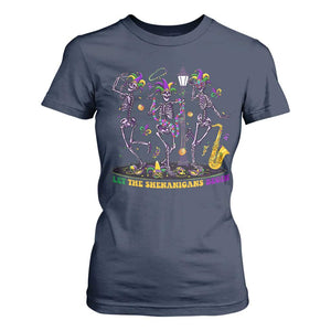 Funny Mardi Gras T Shirt For Women Dancing Skeleton Let The Shenanigans Begin TS10 Navy Print Your Wear