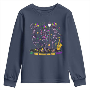 Funny Mardi Gras Youth Sweatshirt Dancing Skeleton Let The Shenanigans Begin TS10 Navy Print Your Wear