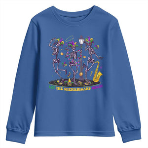 Funny Mardi Gras Youth Sweatshirt Dancing Skeleton Let The Shenanigans Begin TS10 Royal Blue Print Your Wear