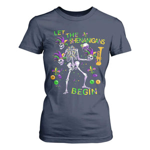 Funny Mardi Gras T Shirt For Women Let The Shenanigans Begin Juggling Skeleton TS10 Navy Print Your Wear