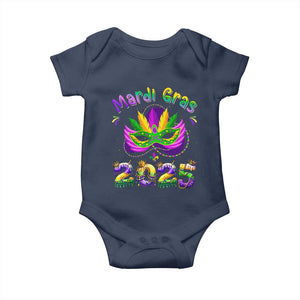 Happy Mardi Gras 2025 Baby Onesie Masquerade Mask Carnival New Orleans Trip TS10 Navy Print Your Wear