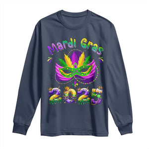 Happy Mardi Gras 2025 Long Sleeve Shirt Masquerade Mask Carnival New Orleans Trip TS10 Navy Print Your Wear