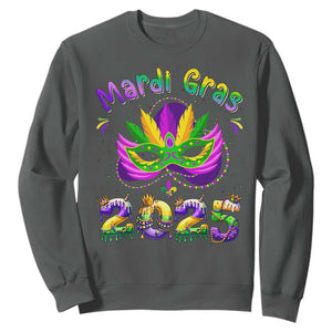 Happy Mardi Gras 2025 Sweatshirt Masquerade Mask Carnival New Orleans Trip TS10 Dark Heather Print Your Wear