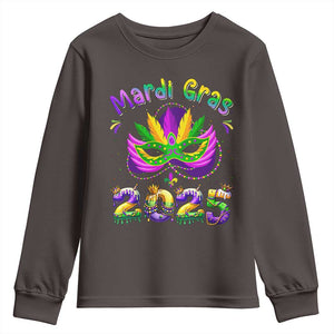 Happy Mardi Gras 2025 Youth Sweatshirt Masquerade Mask Carnival New Orleans Trip TS10 Dark Chocolate Print Your Wear