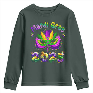 Happy Mardi Gras 2025 Youth Sweatshirt Masquerade Mask Carnival New Orleans Trip TS10 Dark Forest Green Print Your Wear